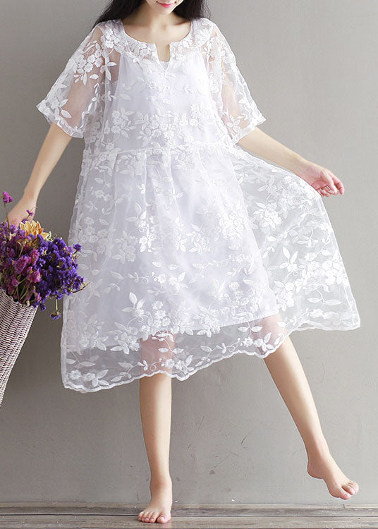 Bohemian White Embroideried Lace Patchwork Tulle Mid Dress Summer LY7448 - fabuloryshop