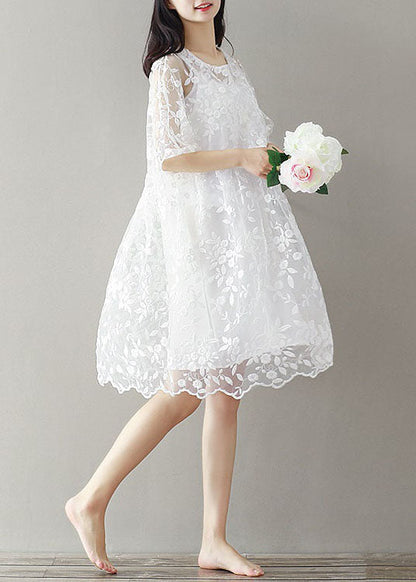 Bohemian White Embroideried Lace Patchwork Tulle Mid Dress Summer LY7448 - fabuloryshop