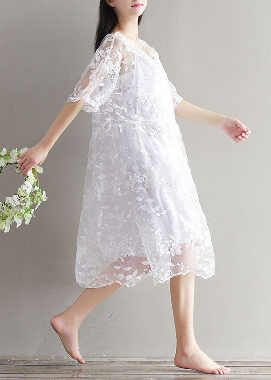 Bohemian White Embroideried Lace Patchwork Tulle Mid Dress Summer LY7448 - fabuloryshop