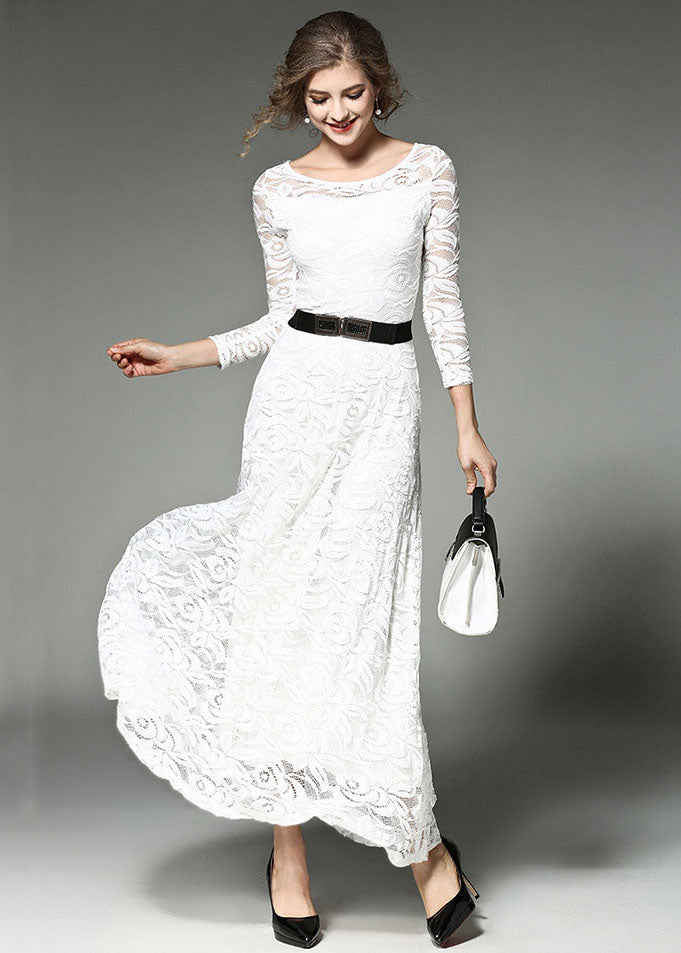 Bohemian White Hollow Out Embroideried Sashes Lace Long Dresses Summer LY7365 - fabuloryshop