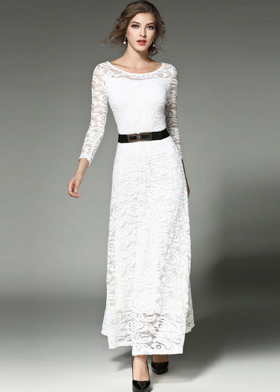 Bohemian White Hollow Out Embroideried Sashes Lace Long Dresses Summer LY7365 - fabuloryshop