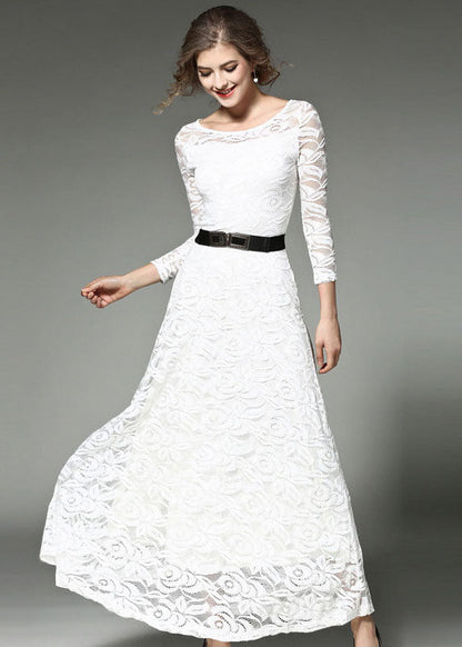 Bohemian White Hollow Out Embroideried Sashes Lace Long Dresses Summer LY7365 - fabuloryshop