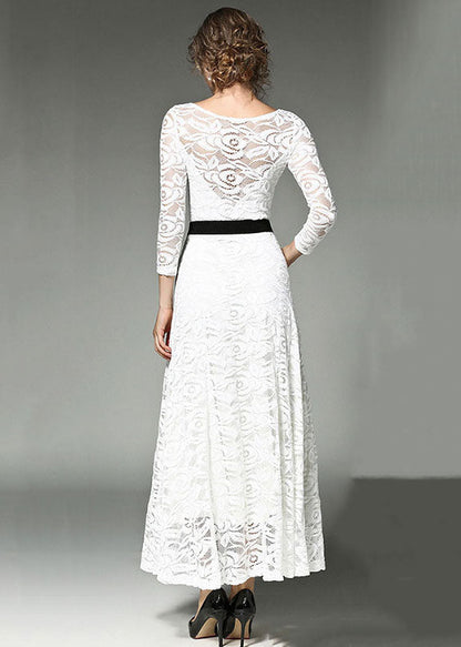 Bohemian White Hollow Out Embroideried Sashes Lace Long Dresses Summer LY7365 - fabuloryshop