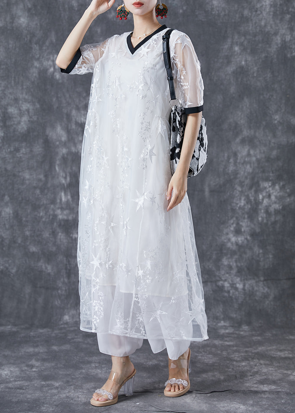 Bohemian White Hollow Out Patchwork Star Print Tulle Maxi Dress Summer LY4998 - fabuloryshop