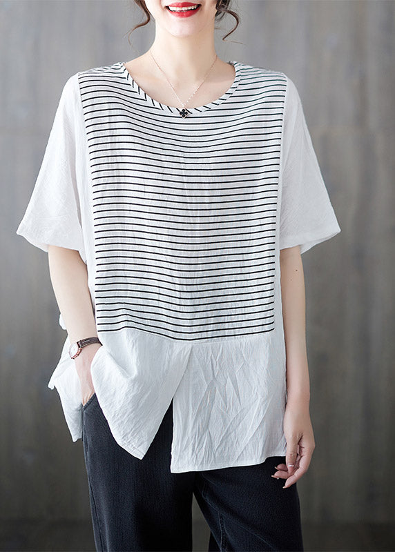 Bohemian White O-Neck Striped Patchwork Cotton Shirt Short Sleeve LY3053 - fabuloryshop