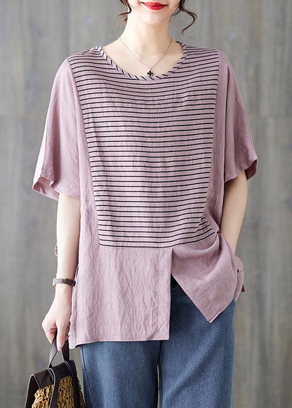 Bohemian White O-Neck Striped Patchwork Cotton Shirt Short Sleeve LY3053 - fabuloryshop