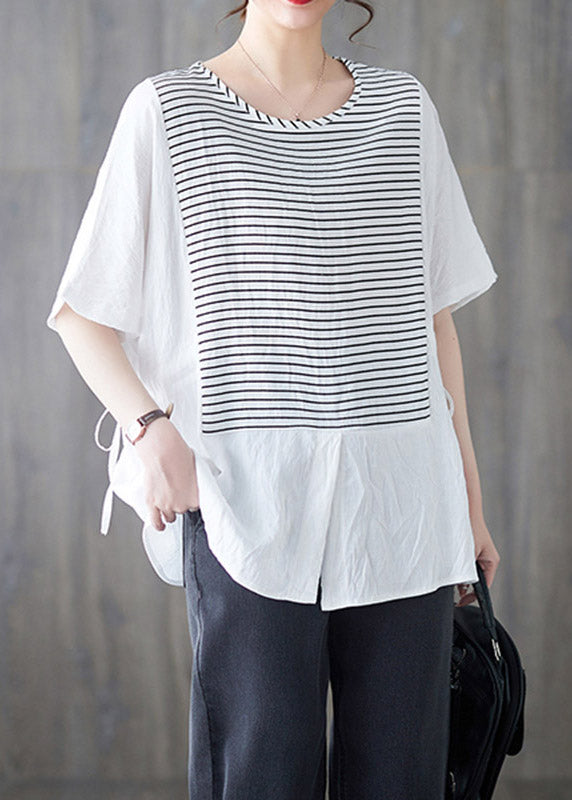 Bohemian White O-Neck Striped Patchwork Cotton Shirt Short Sleeve LY3053 - fabuloryshop