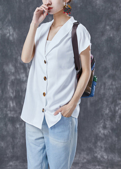 Bohemian White Peter Pan Collar Button Linen Top Short Sleeve LY4103 - fabuloryshop