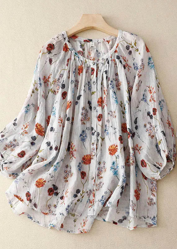 Bohemian White Print Wrinkled Patchwork Linen Shirt Lantern Sleeve Ada Fashion