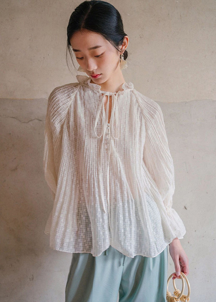 Bohemian White Ruffled Lace Up Cotton Blouses Lantern Sleeve Ada Fashion