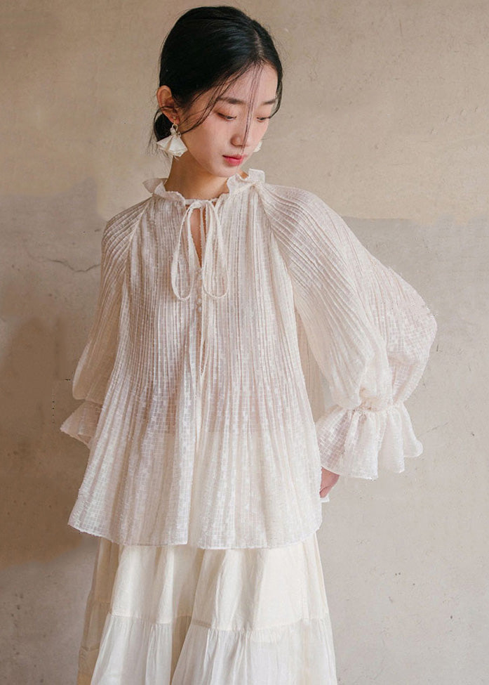 Bohemian White Ruffled Lace Up Cotton Blouses Lantern Sleeve Ada Fashion