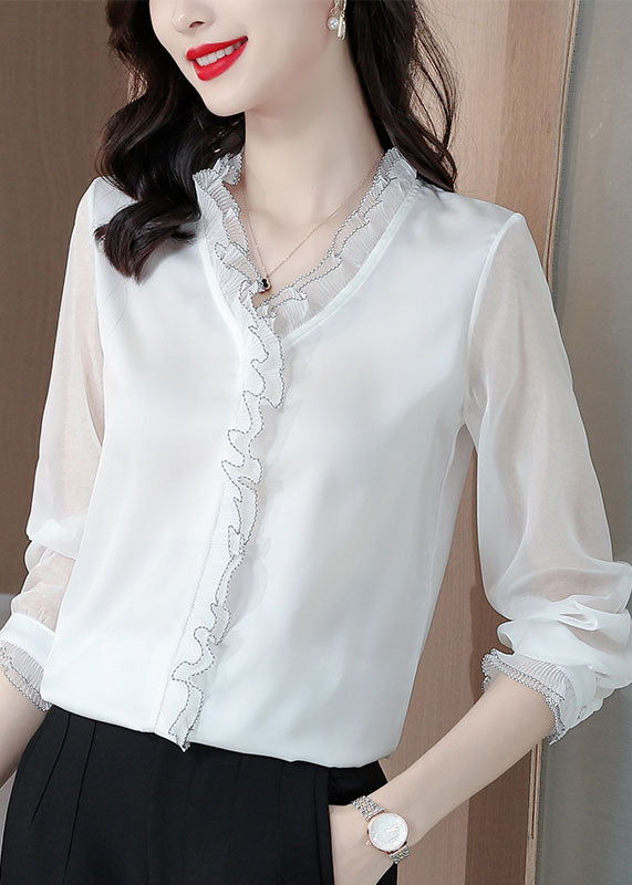 Bohemian White Ruffled Patchwork Silk Blouses Long sleeve LY0481