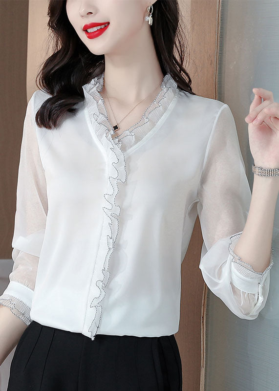 Bohemian White Ruffled Patchwork Silk Blouses Long sleeve LY0481 - fabuloryshop