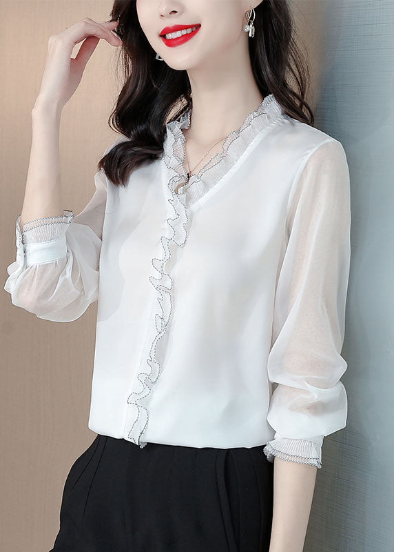 Bohemian White Ruffled Patchwork Silk Blouses Long sleeve LY0481 - fabuloryshop