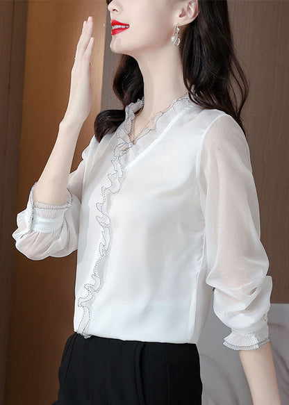 Bohemian White Ruffled Patchwork Silk Blouses Long sleeve LY0481 - fabuloryshop