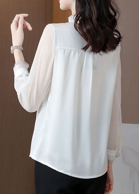 Bohemian White Ruffled Patchwork Silk Blouses Long sleeve LY0481 - fabuloryshop