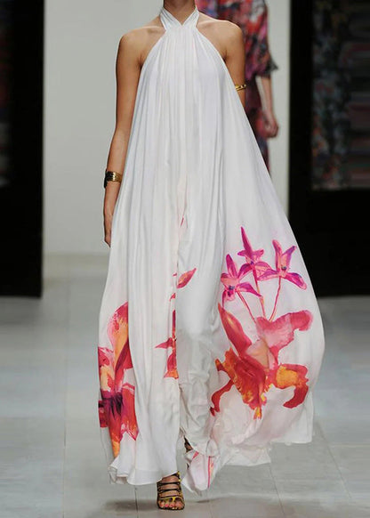 Bohemian White Summer Sundress Sexy Halter Floral Print Long Dresses LC0003 - fabuloryshop