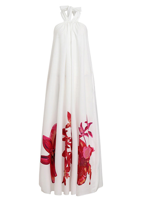 Bohemian White Summer Sundress Sexy Halter Floral Print Long Dresses LC0003 - fabuloryshop