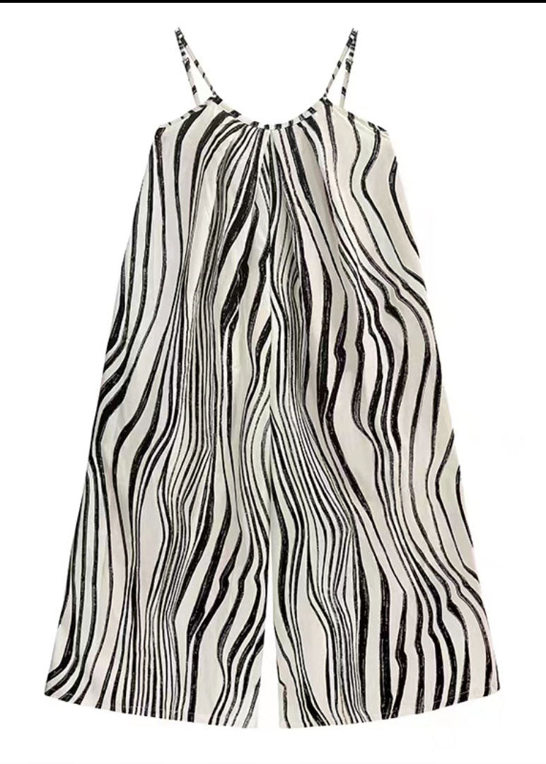 Bohemian White Zebra Pattern Wide Leg Chiffon Spaghetti Strap Jumpsuit Summer LC0104