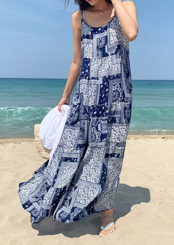 Bohemian Women Sleeveless O-Neck Printed Maxi Tank Dress Floral Blue LC0032 - fabuloryshop