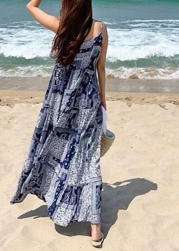 Bohemian Women Sleeveless O-Neck Printed Maxi Tank Dress Floral Blue LC0032 - fabuloryshop