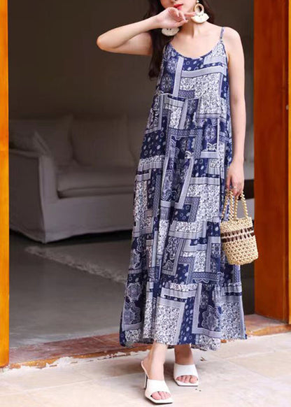 Bohemian Women Sleeveless O-Neck Printed Maxi Tank Dress Floral Blue LC0032 - fabuloryshop