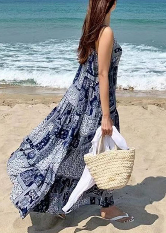 Bohemian Women Sleeveless O-Neck Printed Maxi Tank Dress Floral Blue LC0032 - fabuloryshop