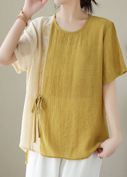 Bohemian Yellow Embroideried Patchwork Cotton Shirt Top Summer LT4902 - fabuloryshop