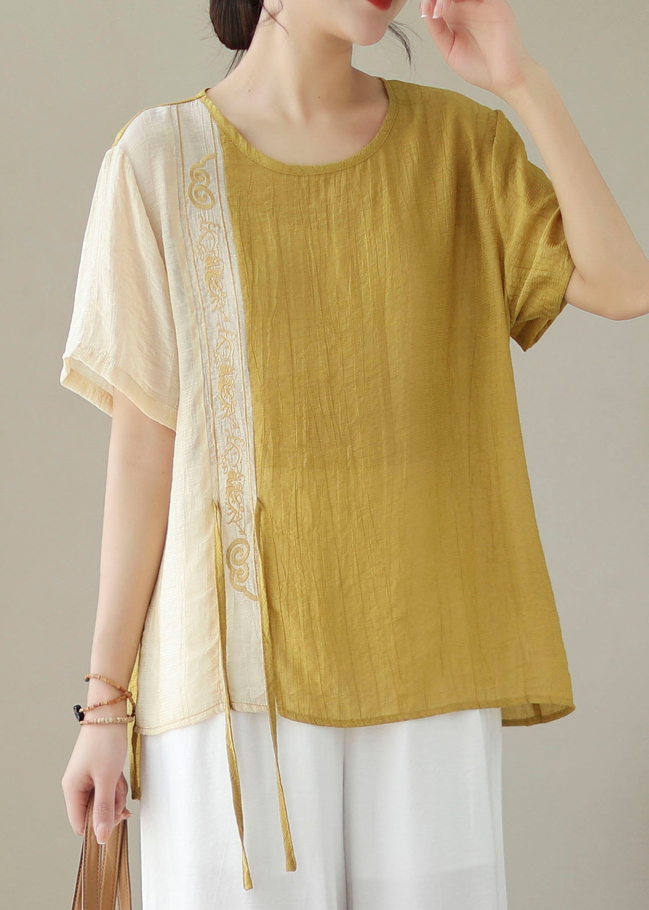 Bohemian Yellow Embroideried Patchwork Cotton Shirt Top Summer LT4902 - fabuloryshop