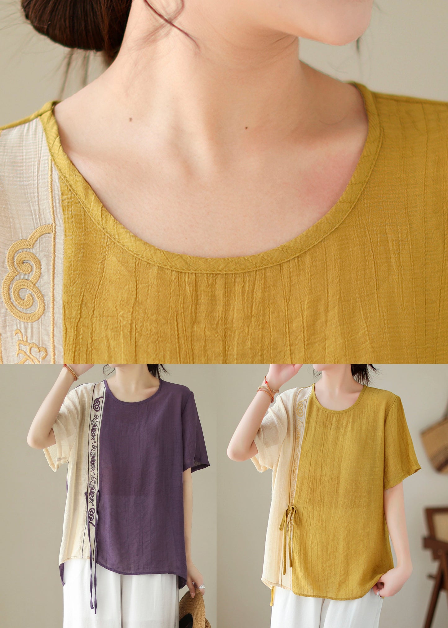 Bohemian Yellow Embroideried Patchwork Cotton Shirt Top Summer LT4902 - fabuloryshop