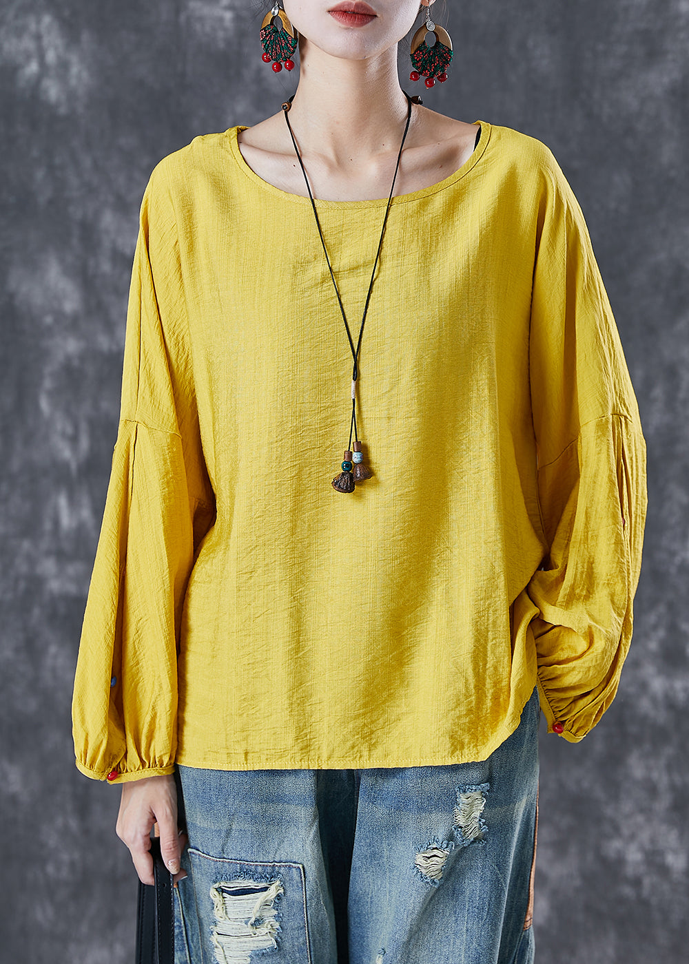 Bohemian Yellow O-Neck Oversized Nail Bead Cotton Top Lantern Sleeve LY6769 - fabuloryshop