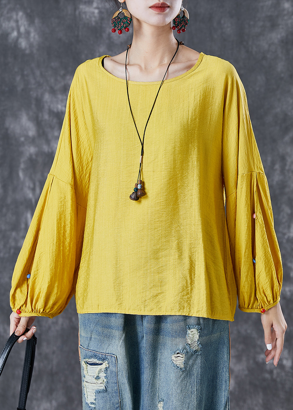 Bohemian Yellow O-Neck Oversized Nail Bead Cotton Top Lantern Sleeve LY6769 - fabuloryshop