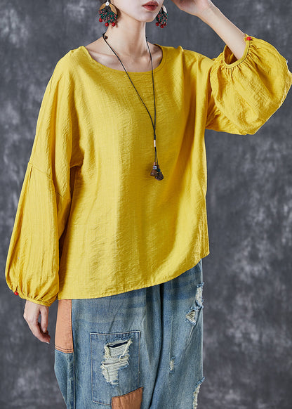 Bohemian Yellow O-Neck Oversized Nail Bead Cotton Top Lantern Sleeve LY6769 - fabuloryshop