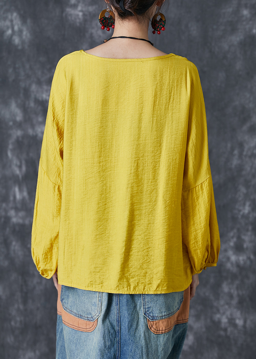 Bohemian Yellow O-Neck Oversized Nail Bead Cotton Top Lantern Sleeve LY6769 - fabuloryshop