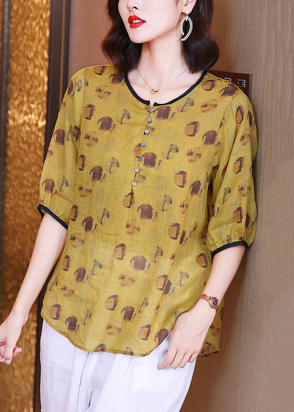 Bohemian Yellow O Neck Print Patchwork Linen Blouse Tops Summer TP1040 - fabuloryshop