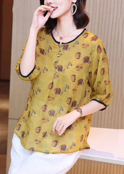 Bohemian Yellow O Neck Print Patchwork Linen Blouse Tops Summer TP1040 - fabuloryshop