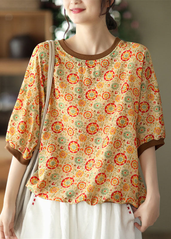 Bohemian Yellow O Neck Print Patchwork Linen Top Summer LY6240 - fabuloryshop