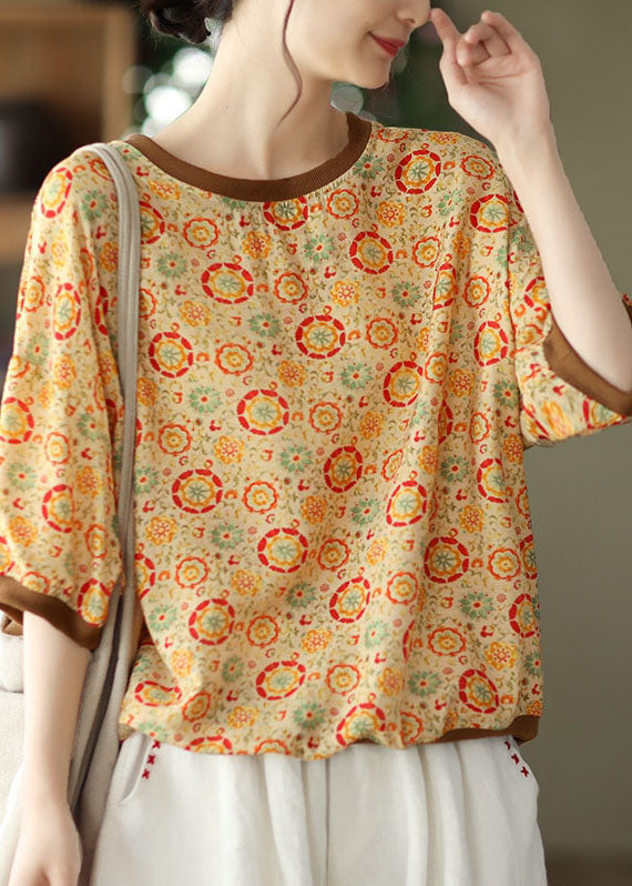 Bohemian Yellow O Neck Print Patchwork Linen Top Summer LY6240 - fabuloryshop