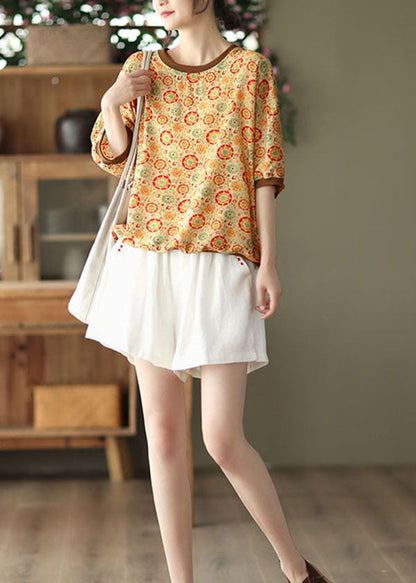 Bohemian Yellow O Neck Print Patchwork Linen Top Summer LY6240 - fabuloryshop