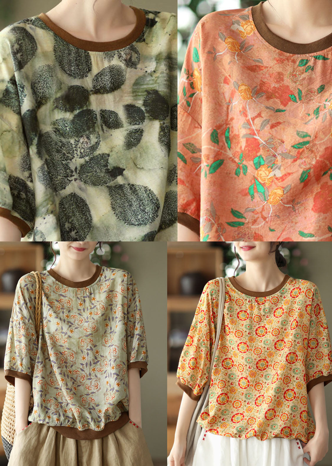 Bohemian Yellow O Neck Print Patchwork Linen Top Summer LY6240 - fabuloryshop