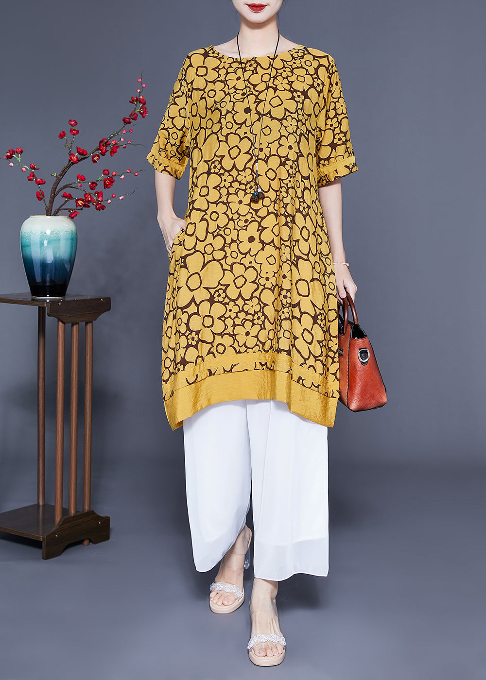 Bohemian Yellow O-Neck Print Silk Maxi Dress Summer LC0412 - fabuloryshop