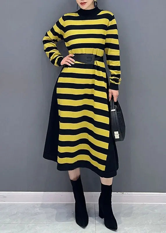 Bohemian Yellow O-Neck Striped Patchwork Party Maxi Dress Long Sleeve Ada Fashion