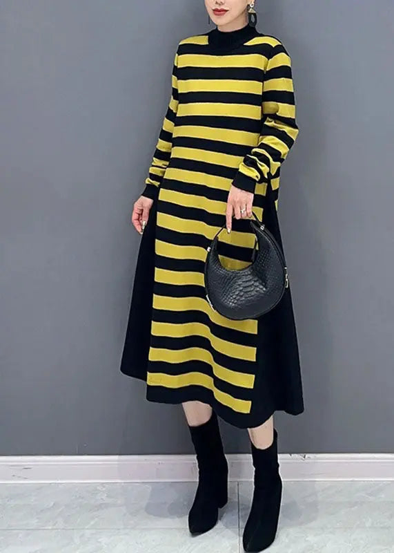 Bohemian Yellow O-Neck Striped Patchwork Party Maxi Dress Long Sleeve Ada Fashion