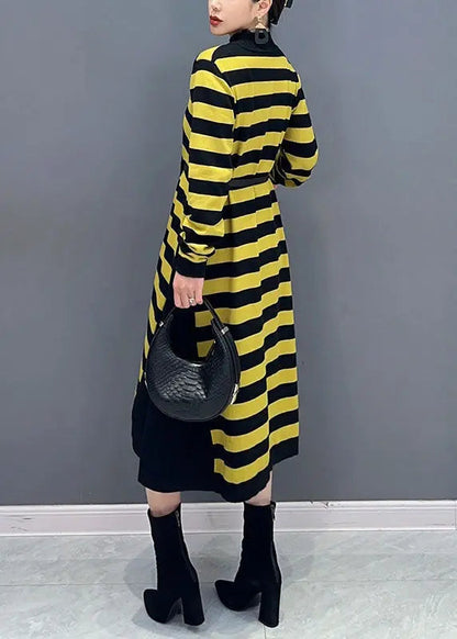 Bohemian Yellow O-Neck Striped Patchwork Party Maxi Dress Long Sleeve Ada Fashion