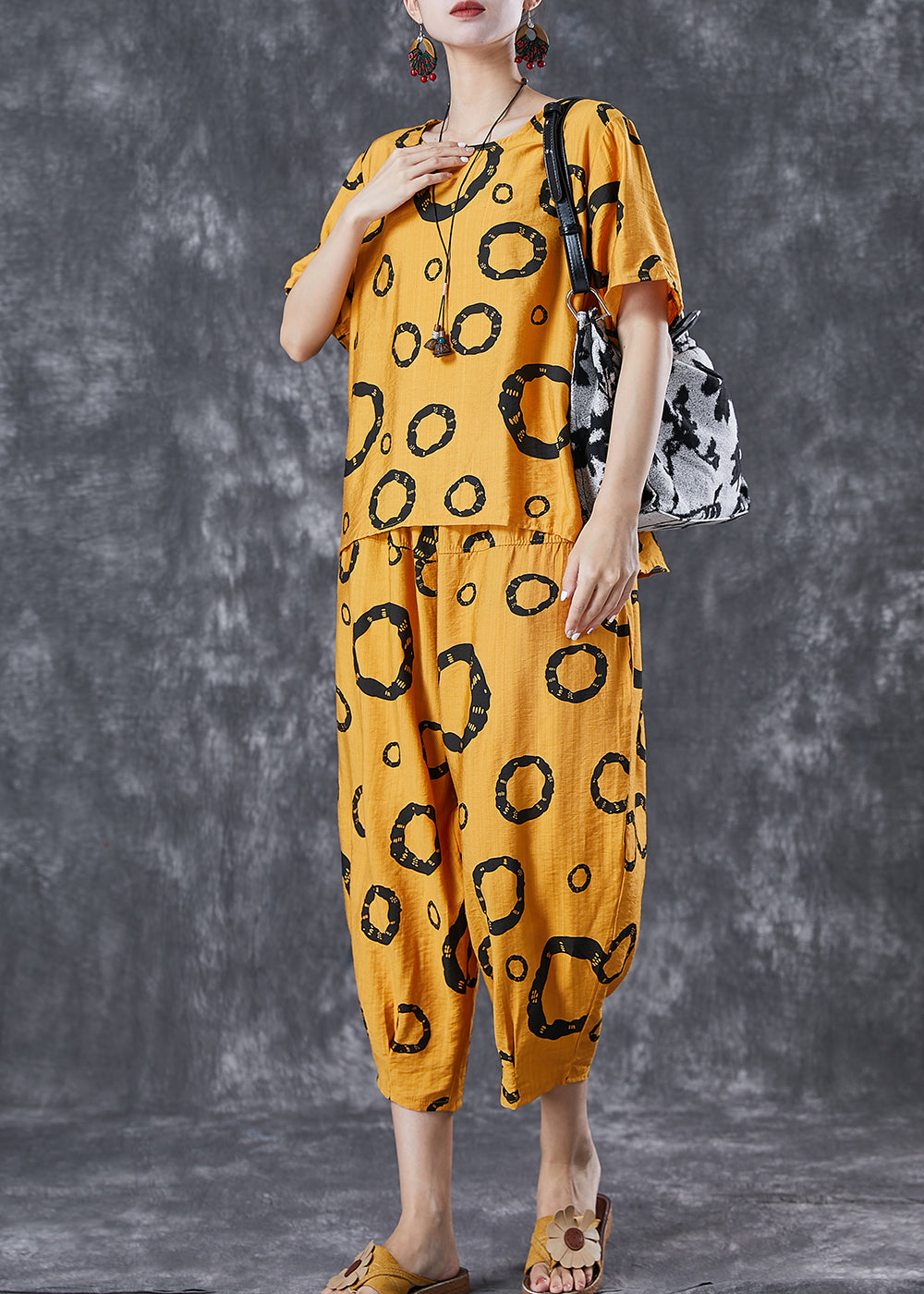 Bohemian Yellow Oversized Print Cotton Two Pieces Set Summer LY6676 - fabuloryshop