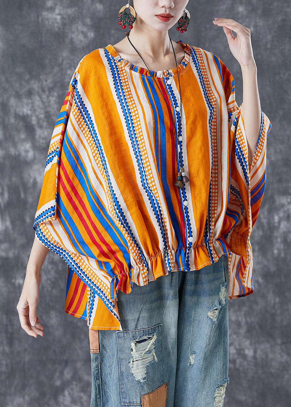 Bohemian Yellow Oversized Striped Wrinkled Cotton Shirt Batwing Sleeve LY5000 - fabuloryshop