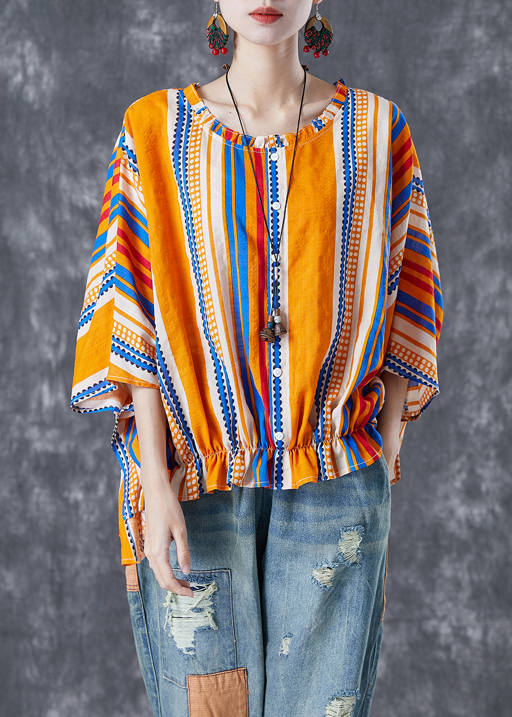 Bohemian Yellow Oversized Striped Wrinkled Cotton Shirt Batwing Sleeve LY5000 - fabuloryshop