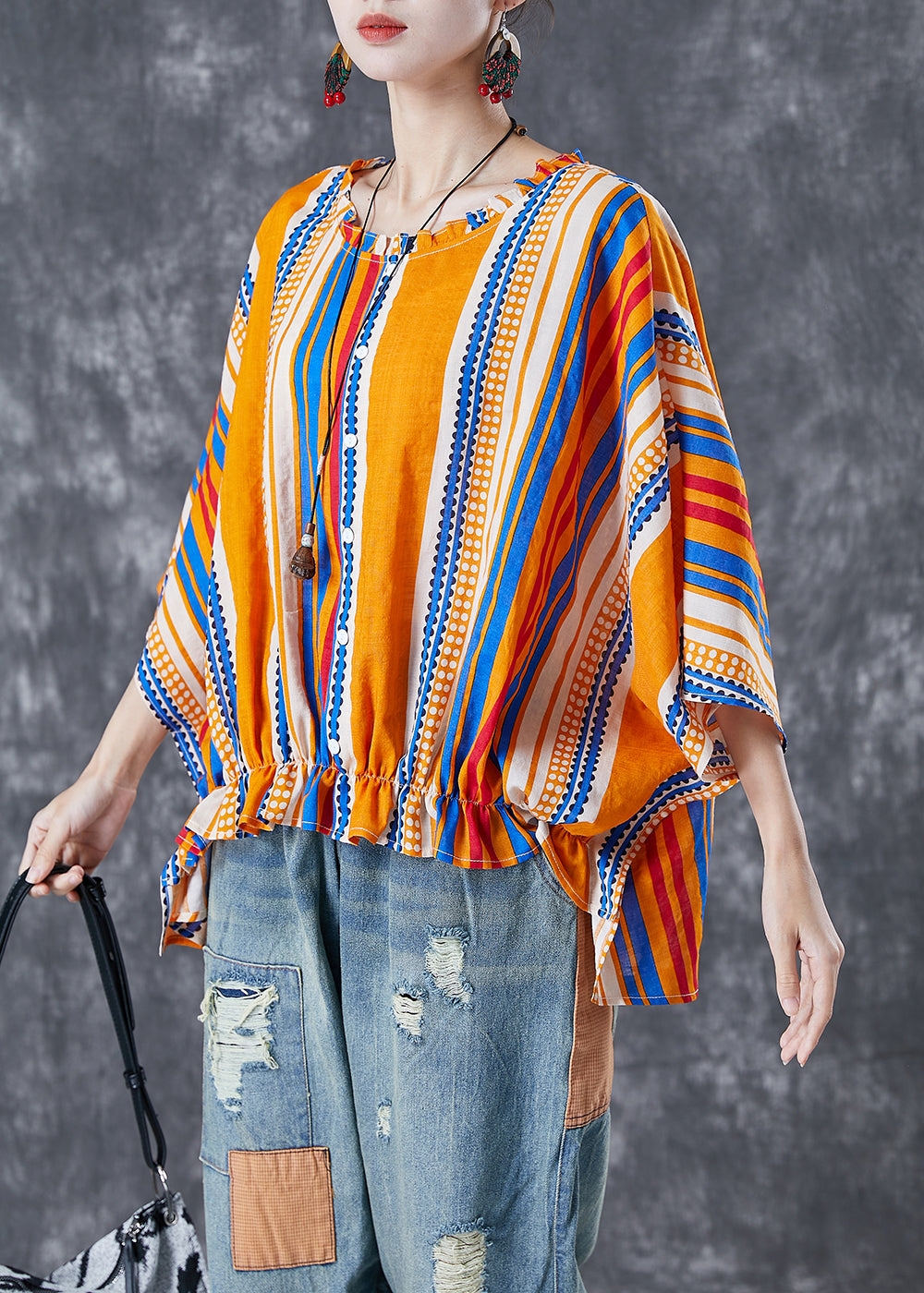 Bohemian Yellow Oversized Striped Wrinkled Cotton Shirt Batwing Sleeve LY5000 - fabuloryshop