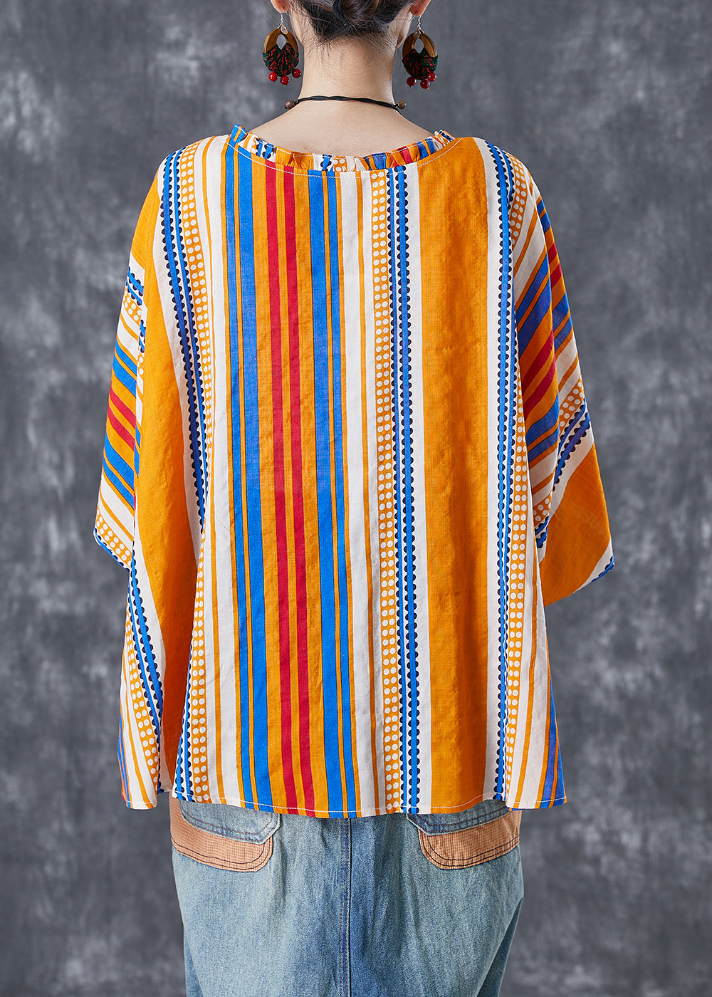 Bohemian Yellow Oversized Striped Wrinkled Cotton Shirt Batwing Sleeve LY5000 - fabuloryshop