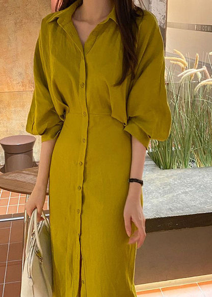 Bohemian Yellow Peter Pan Collar Cinched Cotton Shirt Dresses Lantern Sleeve LY2580 - fabuloryshop